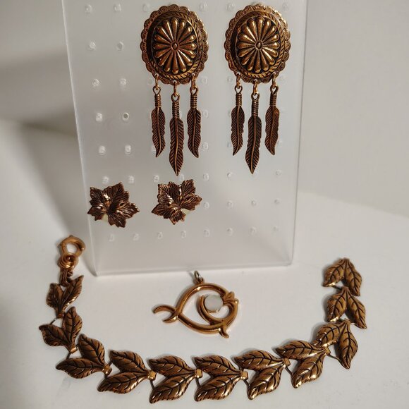 Vintage Copper Jewelry Set Southwest Native Tribal Earthen Feathers Leaf - Picture 1 of 8